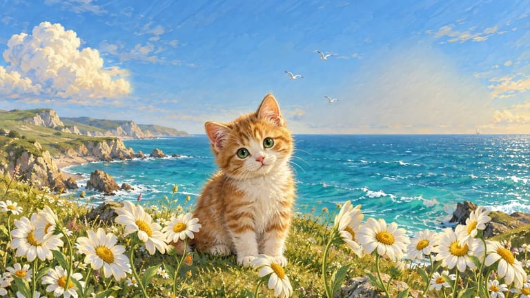 A small ginger kitten among seaside daisies, with the blue sea beyond.