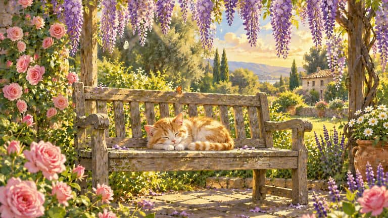 A ginger cat sleeping beneath cascading wisteria in a flower-filled garden.
